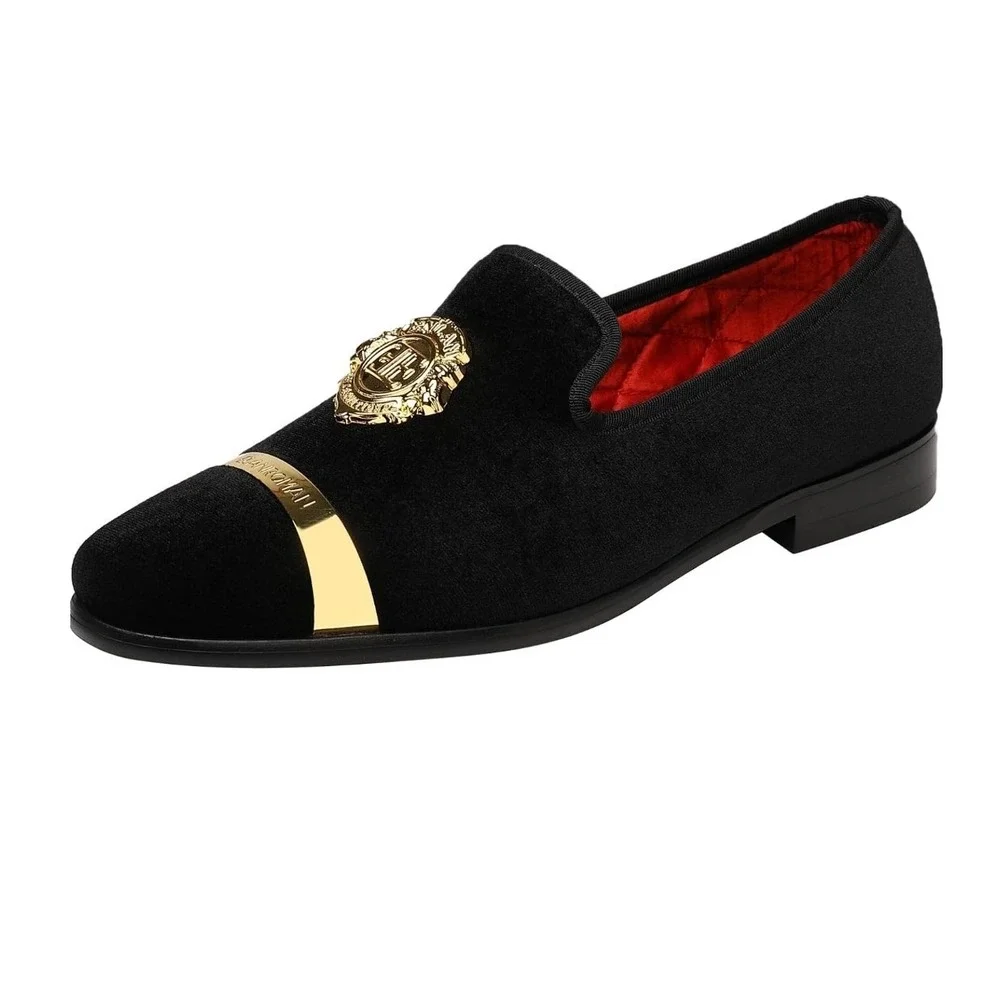 Elanroman Velvet Loafers Men 13 Black Gold Crest Red Bottom Dress Shoes 470